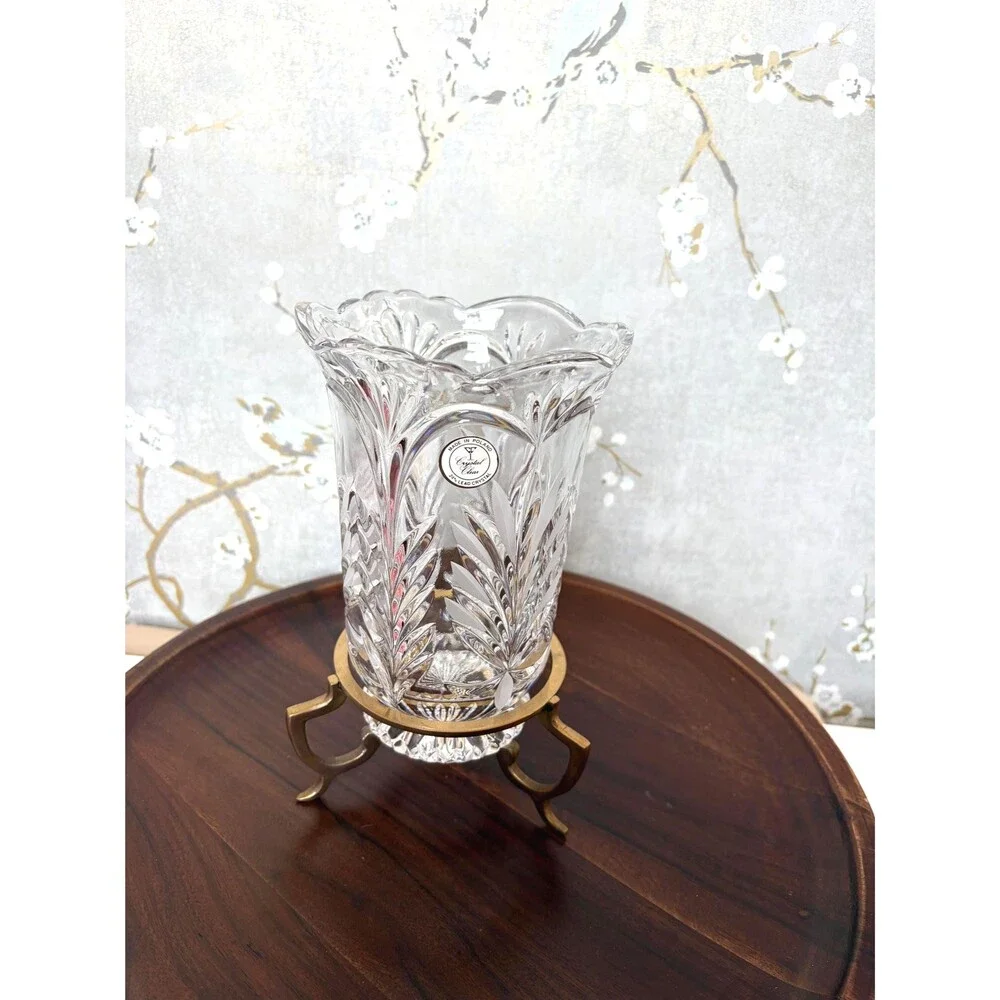 Vintage Polish 24% Lead Crystal Vase with Brass Stand Cut Glass Flower Hurricane